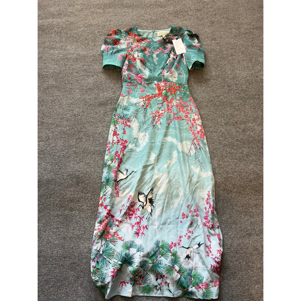 NWT $975 SALONI Bianca Blue Hanami Clouds Pure Silk Jacquard Crepe Chine Dress 4 - Picture 7 of 13